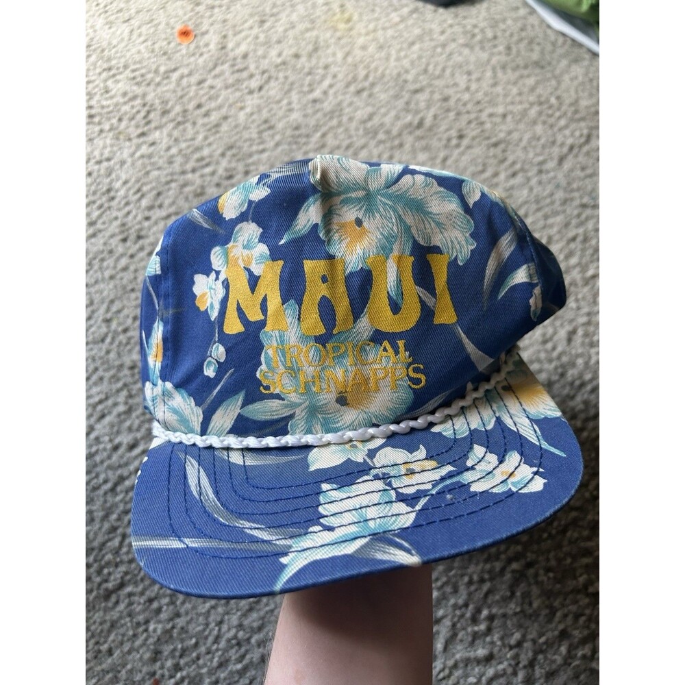 Vintage Maui Blue Hawaiian Snapback Rope Hat -Floral Pattern Blue Green